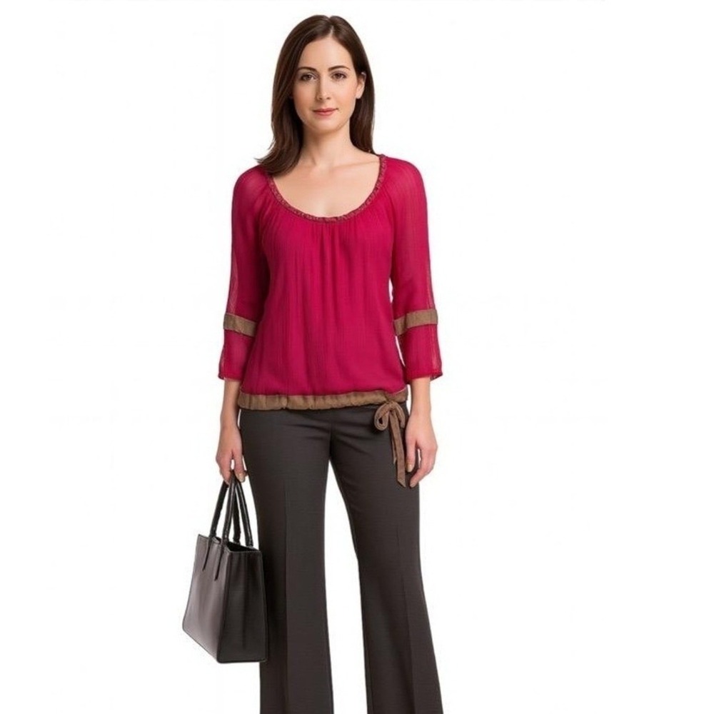 Lucky Brand Blouse Womens‎ Large 100% Silk Pink Long Sleeve Sheer Office